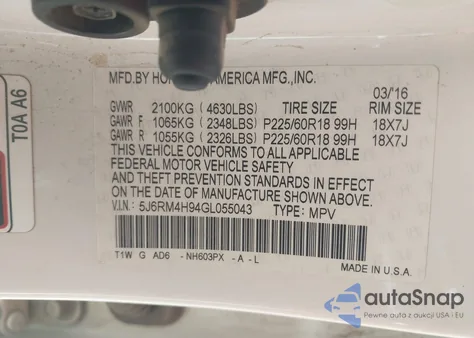 2016 Honda Cr-V Touring from USA, damaged, VIN 5J6RM4H94GL055043